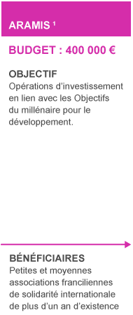 Aramis (Aide Régionale aux Associations pour les Microprojets Internationaux de Solidarité) :
 Budget: 400000€
 Objectif: Opérations d’investissement en lien avec les objectifs du millénaire pour le développement.
 Bénéficiaires: Petites et moyennes associations franciliennes de solidarité internationale de plus d’un an d’existence.
