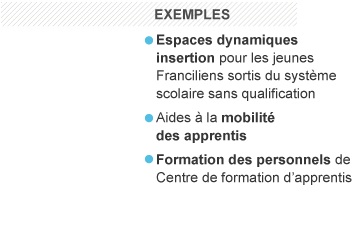 Fonds social européen (FSE) :
535 millions d’euros dont 76 millions gérés en direct par la région.
exemples: Espaces dynamiques insertion pour les jeunes Franciliens sortis du système scolaire sans qualification, aides à la mobilité des apprentis, formation des personnels de centre de formation d’apprentis
