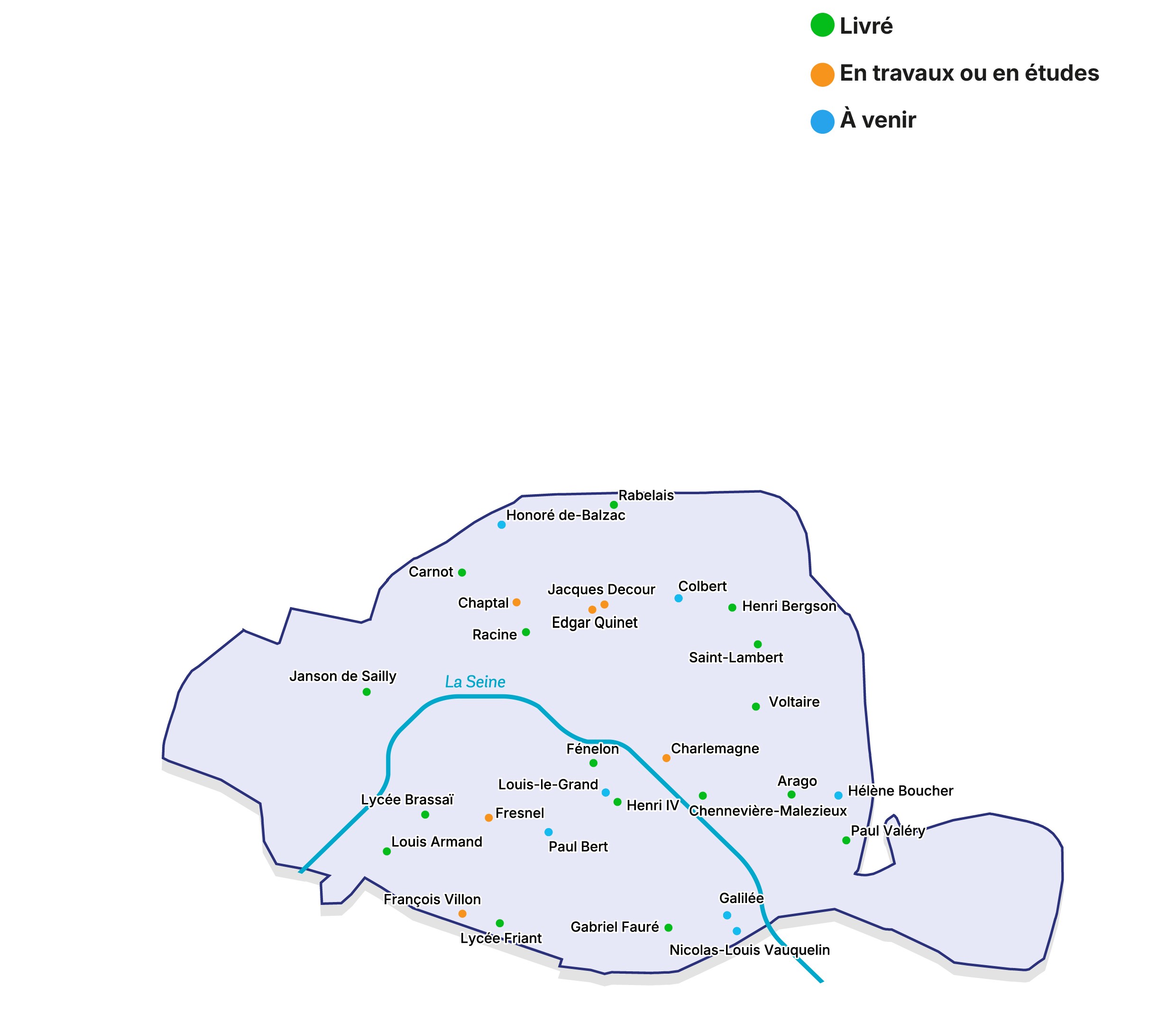 Légende : 
Vert = livré
Orange = en travaux ou en études
Bleu = à venir

Carnot (vert)

Chaptal (vert)

Racine (vert)

Janson de Sailly (vert)

Lycée Brassai (orange)

Fresnel (vert)

Louis Armand (vert)

François Villon (vert)

Lycée-Friant (vert)

Paul Bert (vert)

Paul Valéry (bleu)

Nicolas-Louis Vauquelin (bleu)

Gabriel Fauré (vert)

Galilée (bleu)

Henri IV (vert)

Louis-le-Grand (orange)

Fénelon (vert)

Charlemagne (vert)

Arago (bleu)

Chennevière-Malézieux (bleu)

Hélène Boucher (bleu)

Voltaire (vert)

Saint-Lambert (vert)

Henri Bergson (vert)

Colbert (bleu)

Edgar Quinet (orange)

Jacques Decour (orange)

Rabelais (vert)

Honoré de-Balzac (bleu)