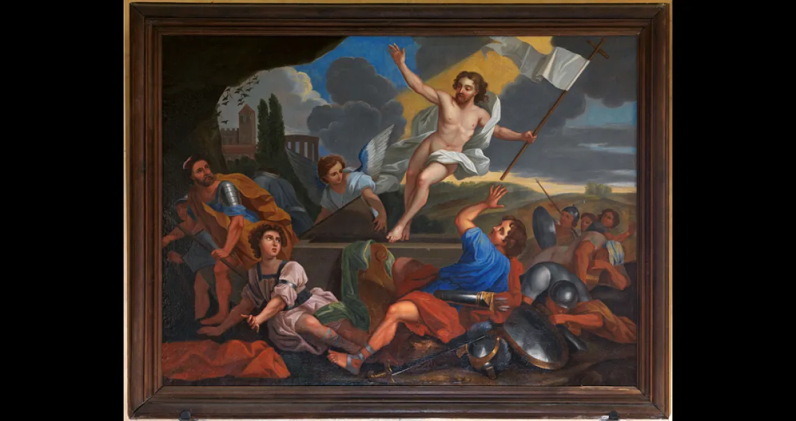 De l’abbaye de Pont-aux-Dames provient aussi un ensemble de tableaux représentant des scènes de la vie du Christ et de la Vierge. Ce sont des copies anciennes des grands modèles du XVIIe siècle. La Résurrection ici présentée est ainsi peinte d’après une œuvre de Nicolas Loir.